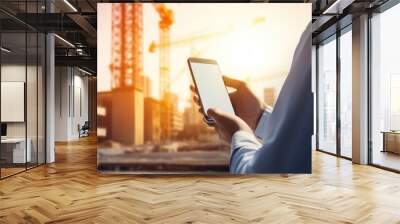 Phone and hands of person on construction background. Construction engineers are using tablet. Construction worker with building plans and cellphone. Wall mural