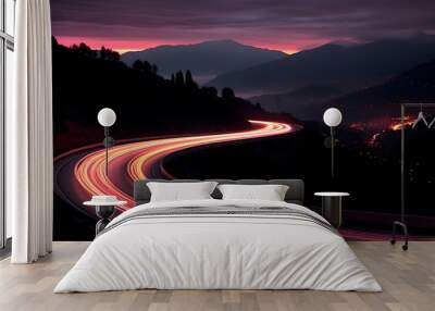 Photo of a highway at night. Neon night highway track with colorful lights and trails Wall mural