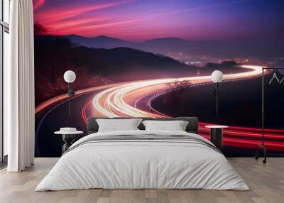 Photo of a highway at night. Neon night highway track with colorful lights and trails Wall mural