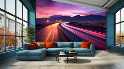 Photo of a highway at night. Neon night highway track with colorful lights and trails Wall mural