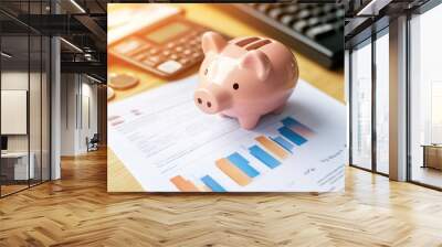 Piggy bank on financial report with coins nearby. Wall mural