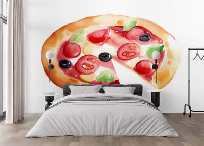 Pizza with juicy tomatoes and gooey cheese, depicted in watercolor, isolated on a plain white background Wall mural