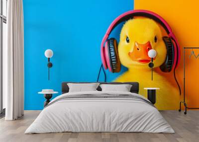 Portrait of funny duck with headphones on isolated background Wall mural