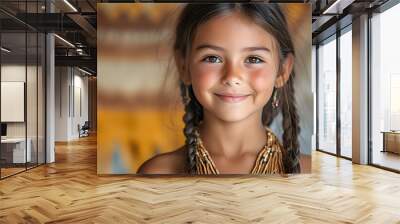 Portrait of smiling girl wearing native American traditional Indian jewelry and clothes isolated on white background Wall mural