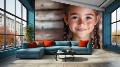 Portrait of smiling girl wearing native American traditional Indian jewelry and clothes isolated on white background Wall mural