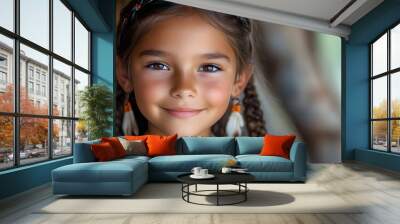 Portrait of smiling girl wearing native American traditional Indian jewelry and clothes isolated on white background Wall mural