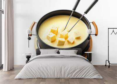 Pot of delicious cheese fondue top view isolated on white background Wall mural