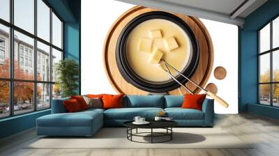 Pot of delicious cheese fondue top view isolated on white background Wall mural