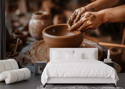 Potter making pot with clay in workshop closeup Wall mural