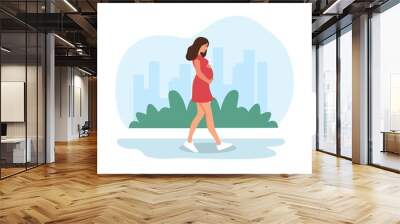 Pregnant woman walking. Happy pregnancy.  Sport for pregnant. Flat cartoon vector illustration Wall mural