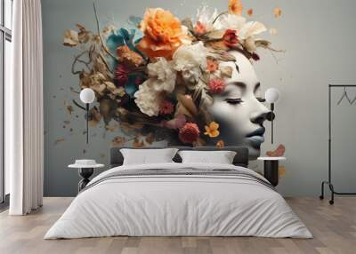 Pretty woman lady portrait with flowers in her face and head Wall mural