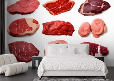 Raw beef steak meat set collecton Isolated on white background Wall mural