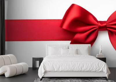 Realistic decorative red bow with horizontal red ribbons isolated on white. Element for decoration gifts Wall mural