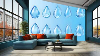 Realistic water droplets vector style set isolated on blue background Wall mural