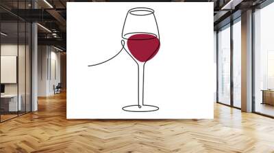 Red wine glass vector one line continuous drawing illustration. Hand drawn linear silhouette icon. Minimal design element for print, banner, card, wall art poster, brochure, postcard. Wall mural