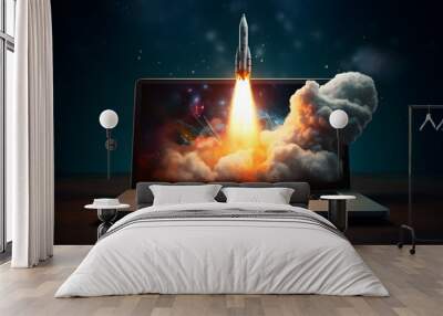 Rocket coming out of laptop screen. Innovation and creativity concept Wall mural