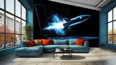 Rocket soaring from laptop with cosmic background. Wall mural