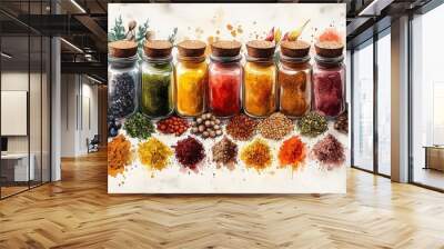 Row of spice jars with assorted spices and peppers Wall mural