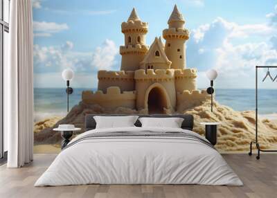 Sandy beach with a sandcastle overlooking the ocean and blue sky Wall mural