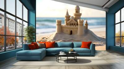 Sandy beach with a sandcastle overlooking the ocean and blue sky Wall mural