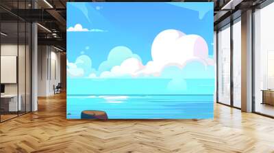 Sea landscape with blue sea water and clouds in blue sky cartoon illustration Wall mural