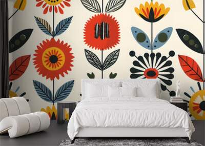 Seamless pattern of nordic folk art with flowers, geometric organic shapes Wall mural