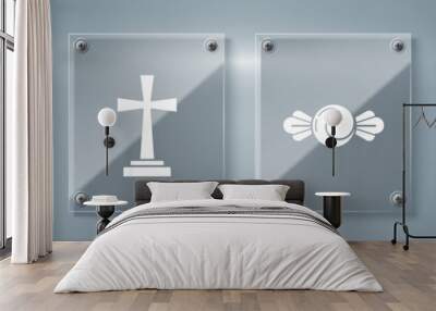 Set Coffin with christian cross , Candy , Tombstone with cross and Tombstone with RIP. Square glass panels. Vector Wall mural