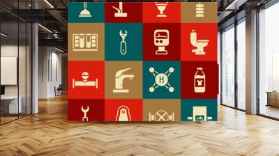 Set Gas boiler, Bottle for cleaning agent, Toilet bowl, Wrench spanner, Test tube with water drop, Rubber plunger and Pressure meter icon. Vector Wall mural