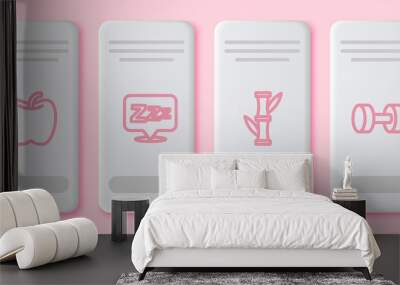 Set line Apple, Sleepy, Bamboo and Dumbbell. White rectangle button. Vector Wall mural