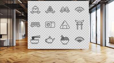 Set line Asian noodles in bowl and chopsticks, Paper chinese or japanese folding fan, Sushi on cutting board, Japanese tea ceremony, Dumpling, and Gate icon. Vector Wall mural