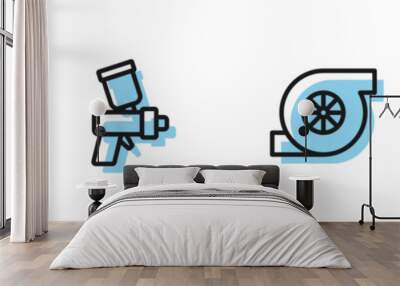 Set line Automotive turbocharger, Steering wheel, Paint spray gun and Car muffler icon. Vector Wall mural