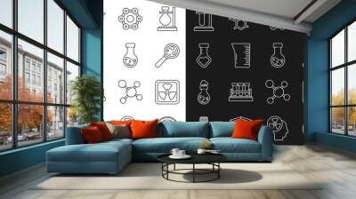 Set line Bacteria, Radioactive, Microorganisms under magnifier, Chemical formula, Laboratory glassware beaker, Test tube and flask chemical, on stand and icon. Vector Wall mural