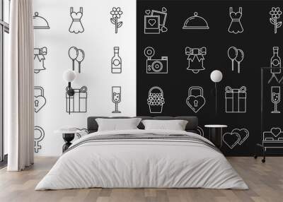 Set line Bedroom, Glass of champagne, Champagne bottle, Woman dress, Ringing bell, Photo camera, Two blanks photo frames and hearts and Balloons with ribbon icon. Vector Wall mural