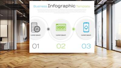 Set line Casino chip with dollar, Online slot machine with lucky sevens jackpot and Online poker table game. Business infographic template. Vector Wall mural