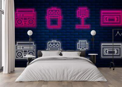 Set line Guitar pedal, Music stand, Home stereo with two speakers and VHS video cassette tape. Glowing neon icon on brick wall. Vector Wall mural