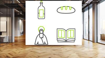 Set line Holy bible book, Jesus Christ, Bread loaf and Bottle of wine icon. Vector Wall mural