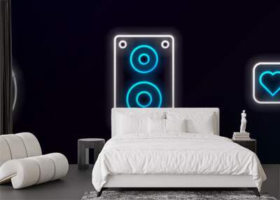 Set line Like and heart, Computer mouse gaming and Stereo speaker icon. Glowing neon. Vector Wall mural