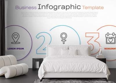 Set line Map pointer with heart, Female gender symbol and Calendar with heart. Business infographic template. Vector Wall mural