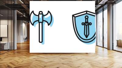 Set line Medieval shield with sword, Crossed medieval sword, Medieval axe and Target sport icon. Vector Wall mural