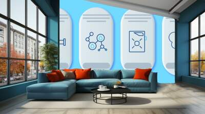 Set line Molecule oil, Canister for motor, Broken pipe with leaking water and CO2 emissions cloud icon. Vector Wall mural