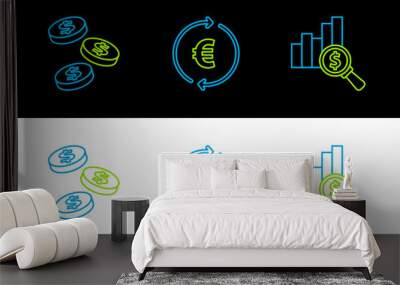 Set line Pie chart and dollar, Coin money with and euro symbol icon. Vector Wall mural