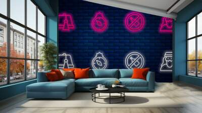 Set line Qibla, No alcohol, Turkish hat and Muslim man. Glowing neon icon on brick wall. Vector Wall mural