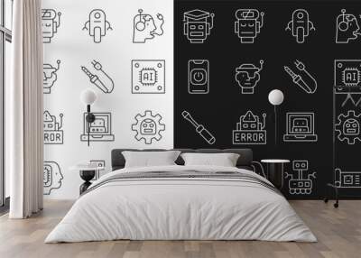 Set line Robot blueprint, Processor with microcircuits CPU, Smart glasses, Turn off robot from phone, and Soldering iron icon. Vector Wall mural