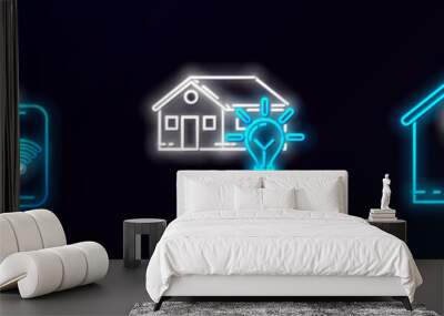 Set line Smart house and light bulb, home with wi-fi and icon. Glowing neon. Vector Wall mural