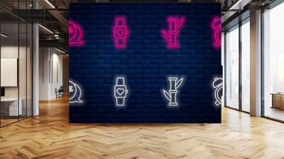 Set line Smart watch, Bamboo, Sleepy and Alarm clock. Glowing neon icon on brick wall. Vector Wall mural