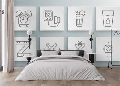 Set line Tape measure, Blood pressure, No Smoking, doping syringe, Smart watch, Fresh smoothie, Glass with water and Alarm clock icon. Vector Wall mural