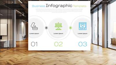 Set line Wedding rings, Cake on plate and Photo frames and hearts. Business infographic template. Vector. Wall mural