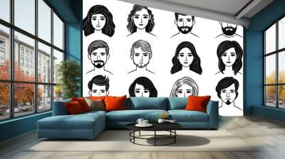 Set of doodle people faces black and white, minimalist avatars line drawing Wall mural