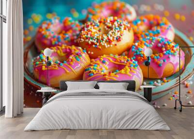 Several colorful donuts with pink glaze and bright sprinkles on a beautiful plate, decorated with confectionery beads Wall mural