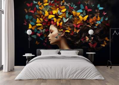 Silhouette of woman head with butterflies in hair created  with Generative AI technology  Wall mural